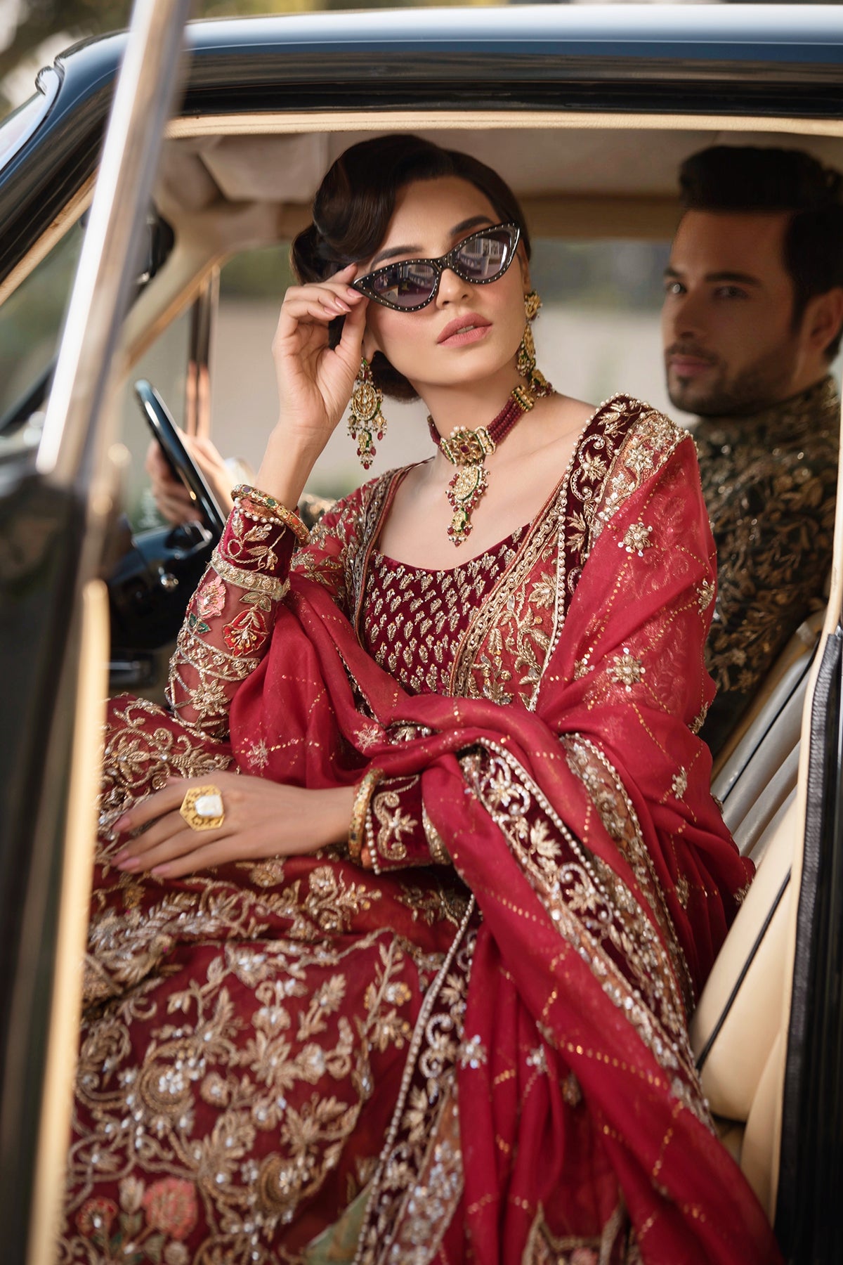 Pakistani Ruby Red Embroidered Organza Gown Sharara (3-Piece) - Image 2