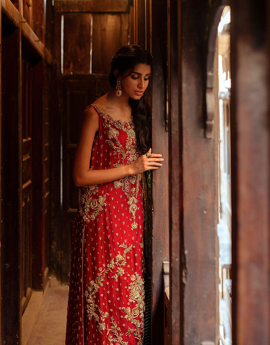 Crimson Red Embroidered Organza Sharara (3-Piece) - Image 2