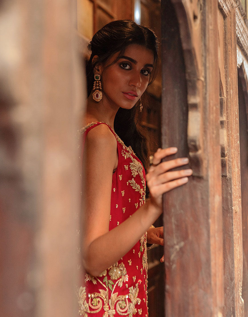 Crimson Red Embroidered Organza Sharara (3-Piece) - Image 4