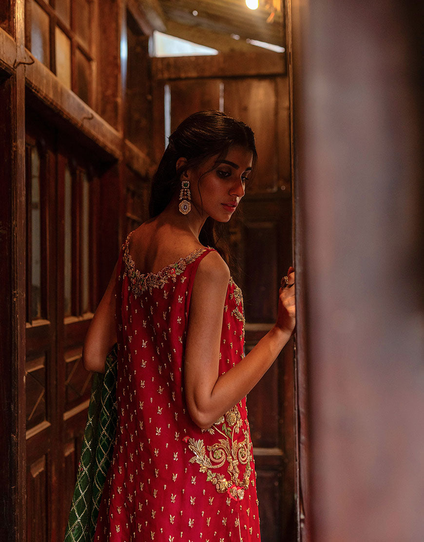 Crimson Red Embroidered Organza Sharara (3-Piece) - Image 5