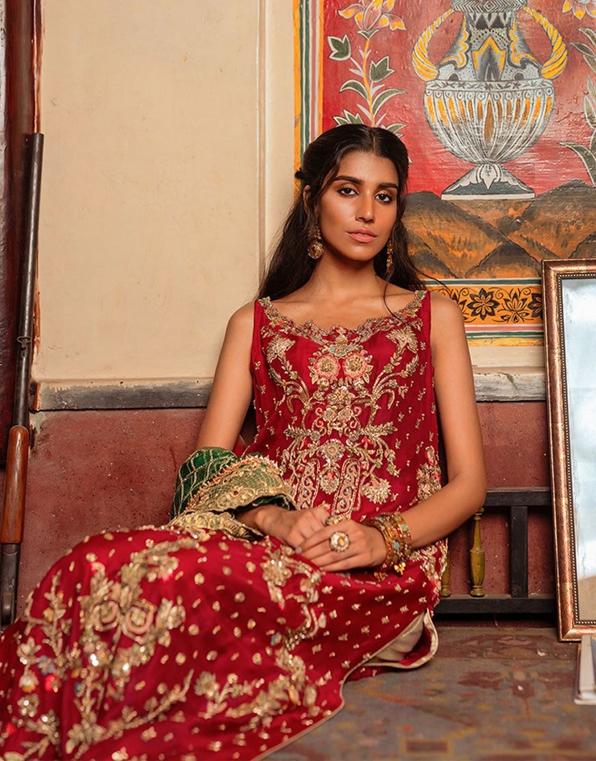 Pakistani Crimson Red Embroidered Organza Sharara (3-Piece) - Image 1