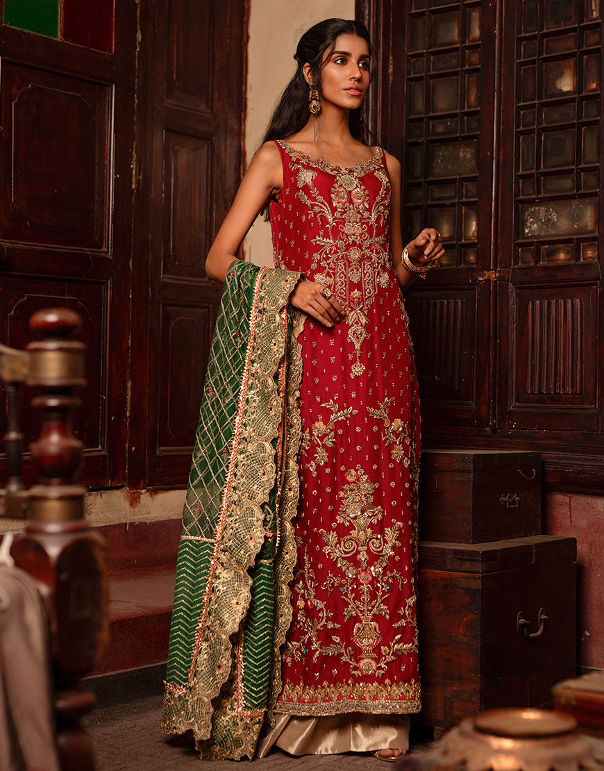 Pakistani Crimson Red Embroidered Organza Sharara (3-Piece) - Image 3