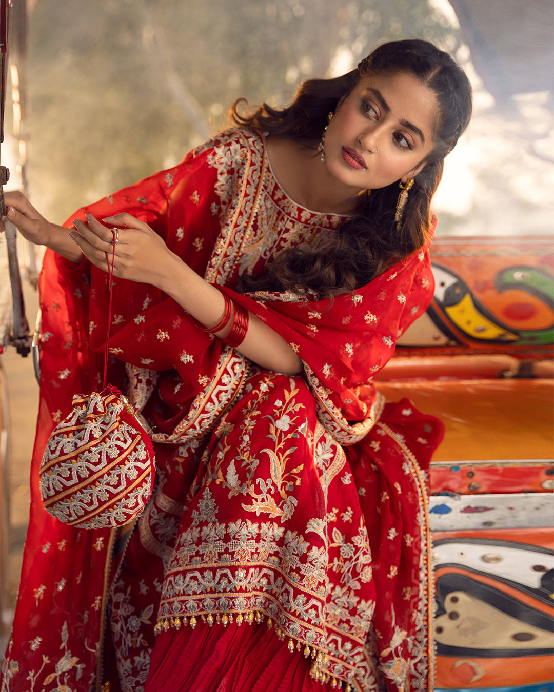 Red Embroidered Organza Sharara Set (3-Piece) - Image 2