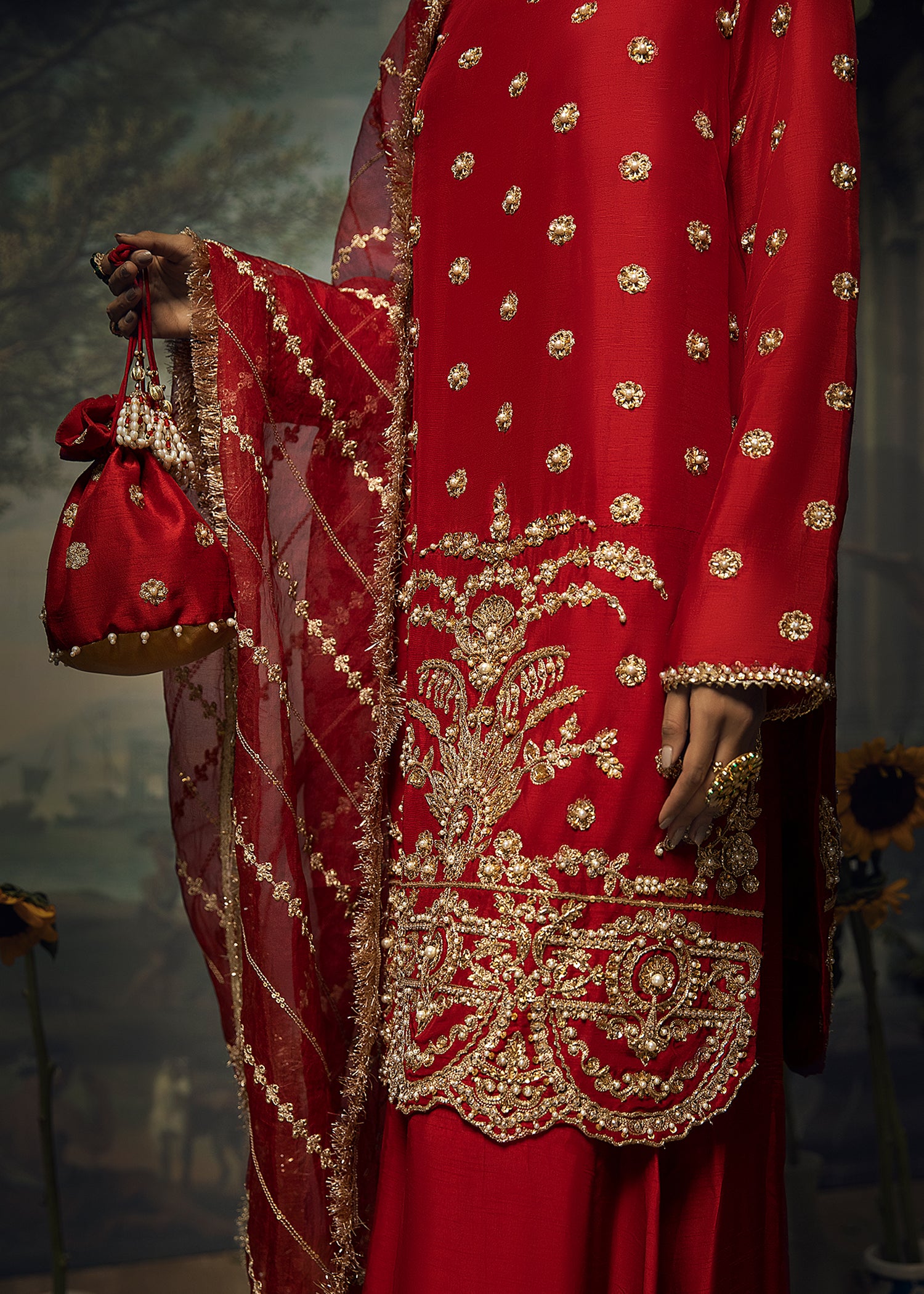 Pakistani Deep Red Aari Embroidered Raw Silk Sharara (3-Piece) - Image 4