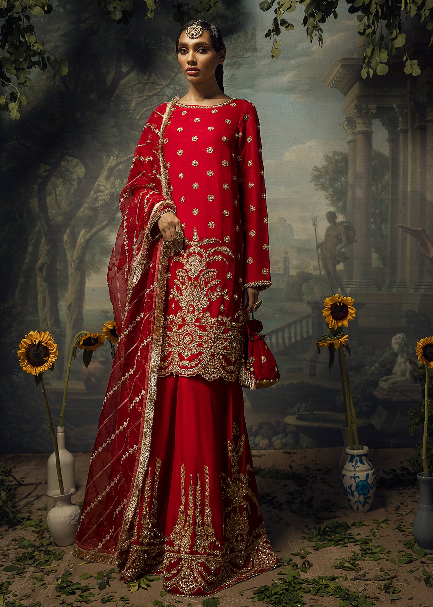 Deep Red Aari Embroidered Raw Silk Sharara (3-Piece) - Image 1