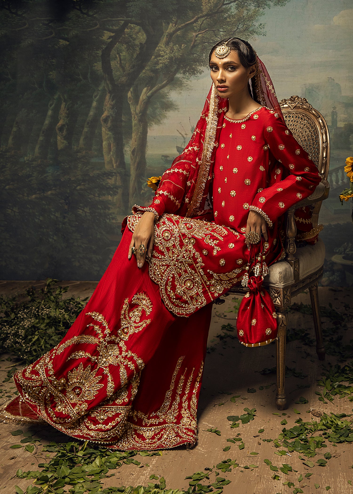 Deep Red Aari Embroidered Raw Silk Sharara (3-Piece) - Image 2