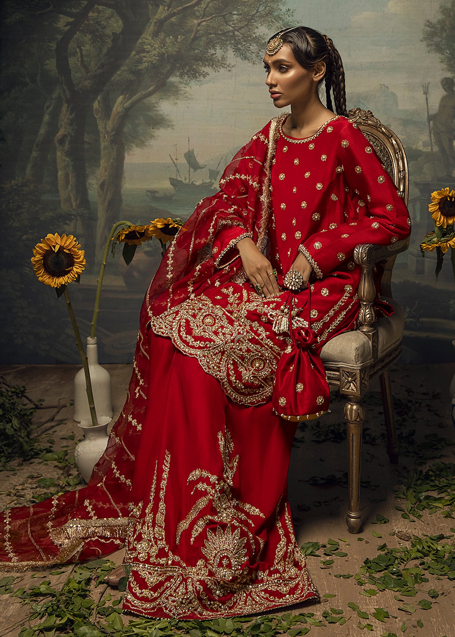 Deep Red Aari Embroidered Raw Silk Sharara (3-Piece) - Image 3