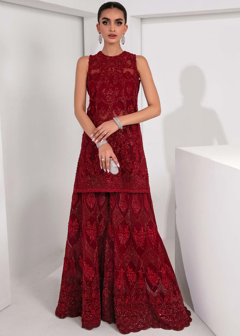 Deep Red Embellished Net & Raw Silk Sharara (3-Piece) - Image 1