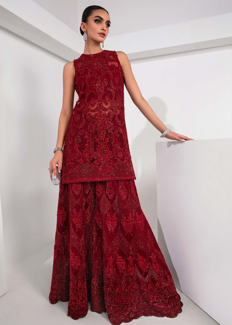 Deep Red Embellished Net & Raw Silk Sharara (3-Piece) - Image 3