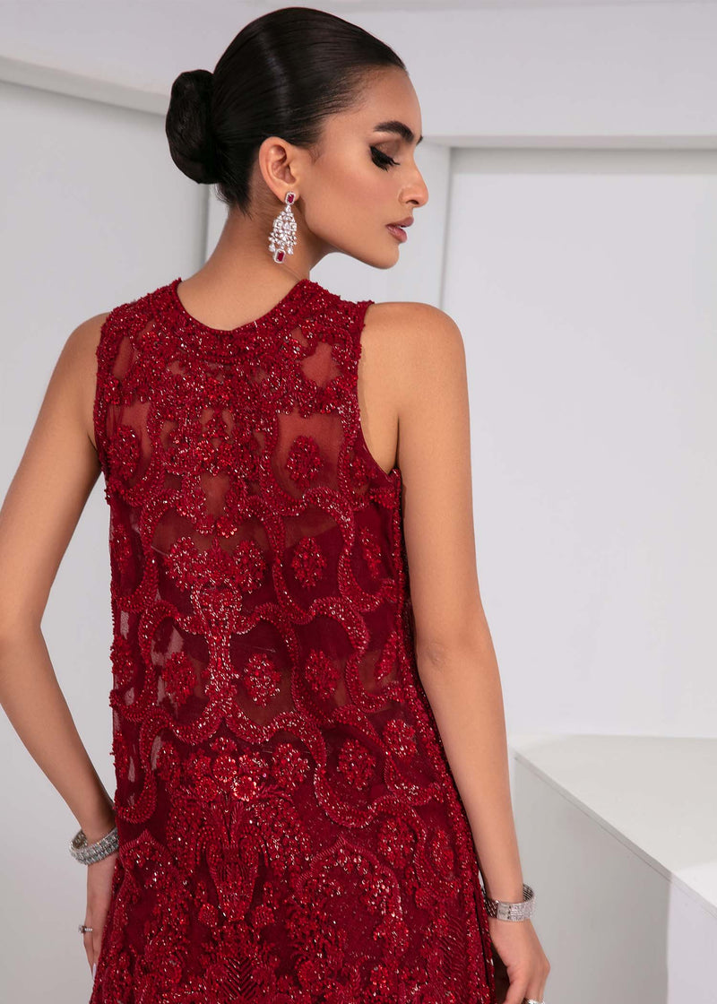 Deep Red Embellished Net & Raw Silk Sharara (3-Piece) - Image 5
