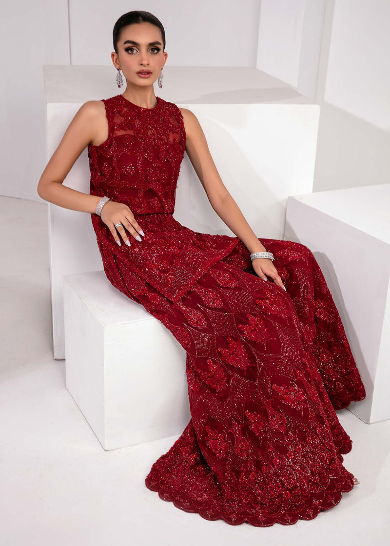 Deep Red Embellished Net & Raw Silk Sharara (3-Piece) - Image 6