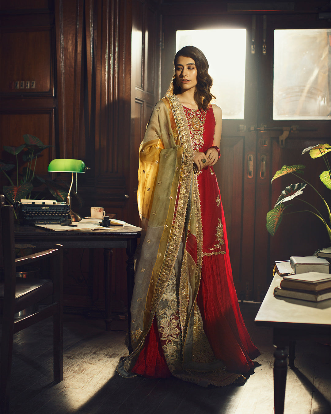 Pakistani Crimson Embroidered Korean Raw Silk Sharara (3-Piece) - Image 2