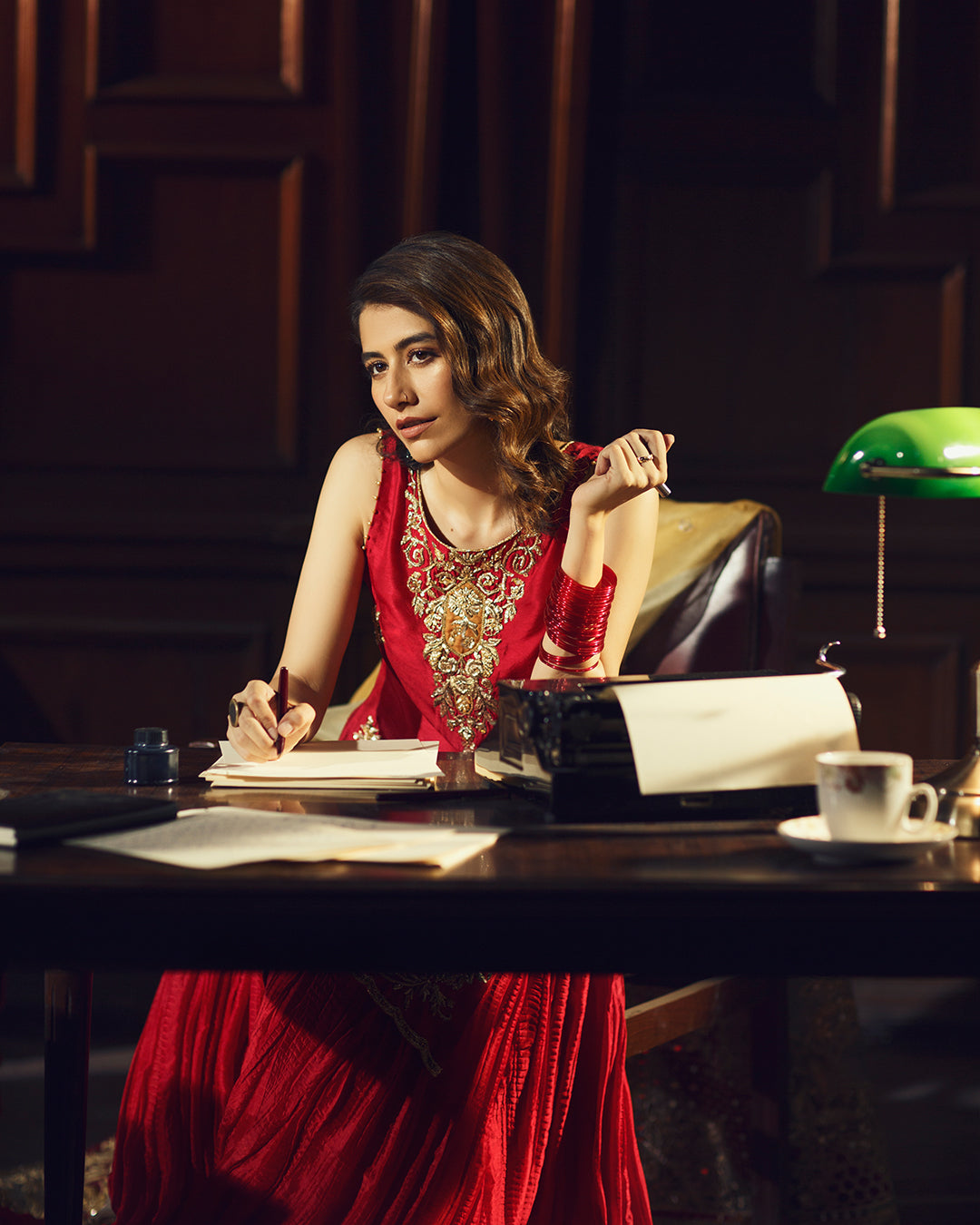 Pakistani Crimson Embroidered Korean Raw Silk Sharara (3-Piece) - Image 3