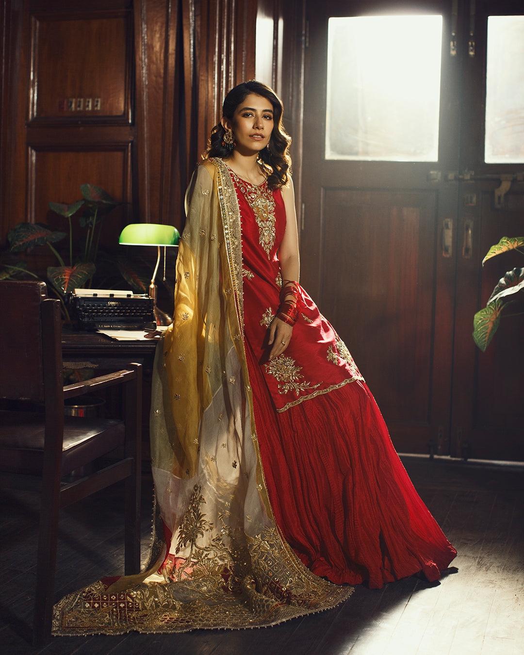 Pakistani Crimson Embroidered Korean Raw Silk Sharara (3-Piece) - Image 5