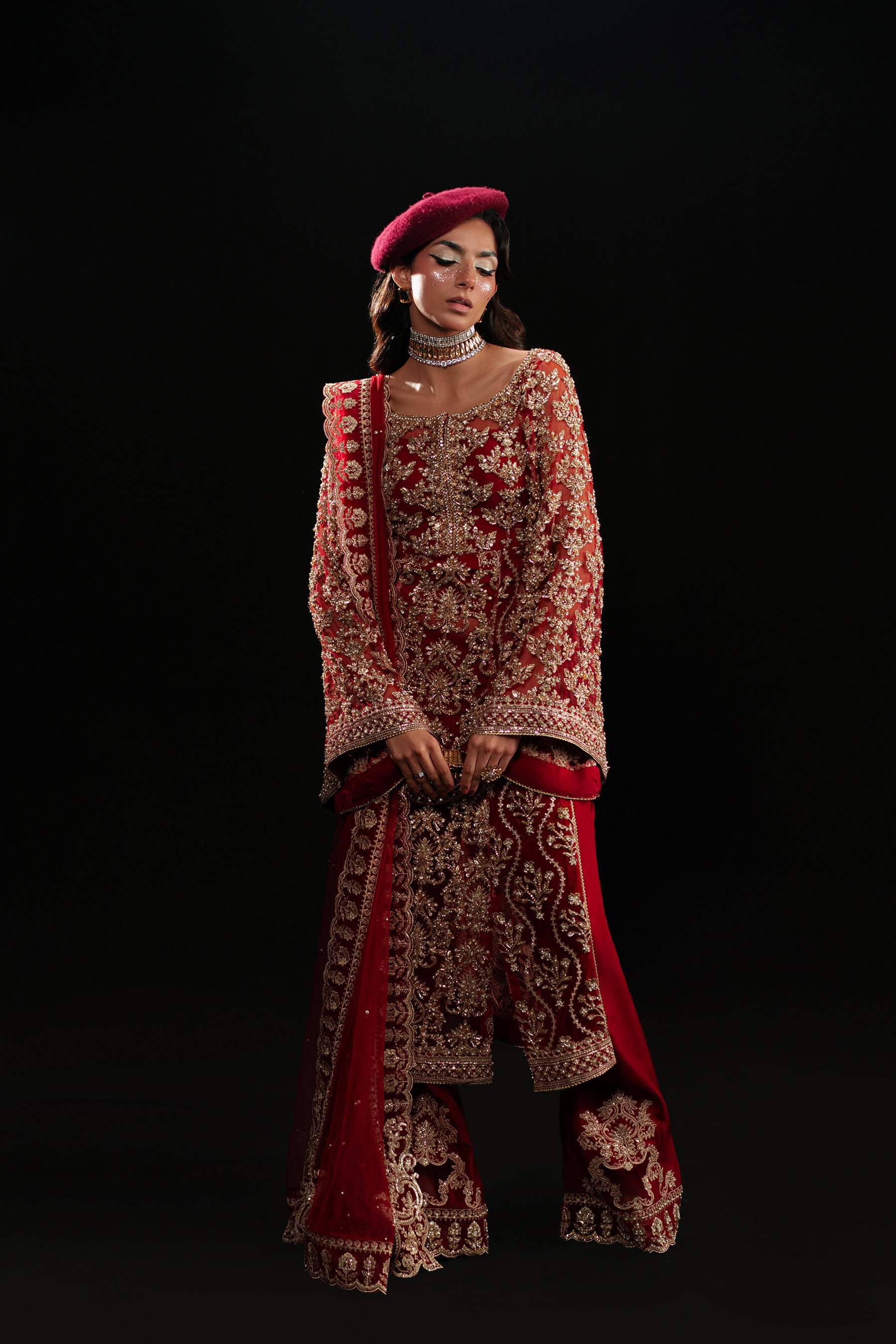 Red Embroidered Net & Raw Silk Sharara (3-Piece) - Image 1