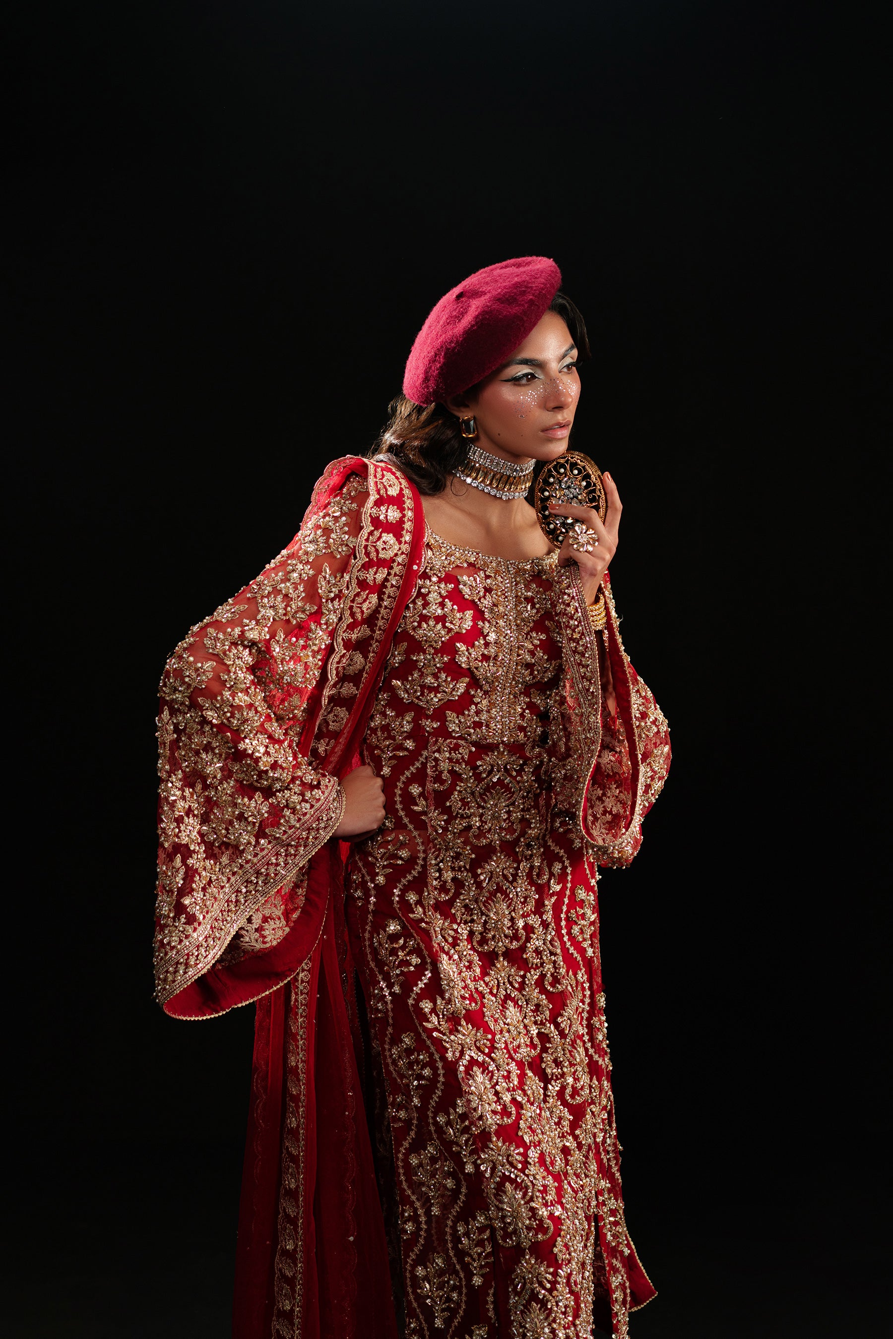 Red Embroidered Net & Raw Silk Sharara (3-Piece) - Image 2