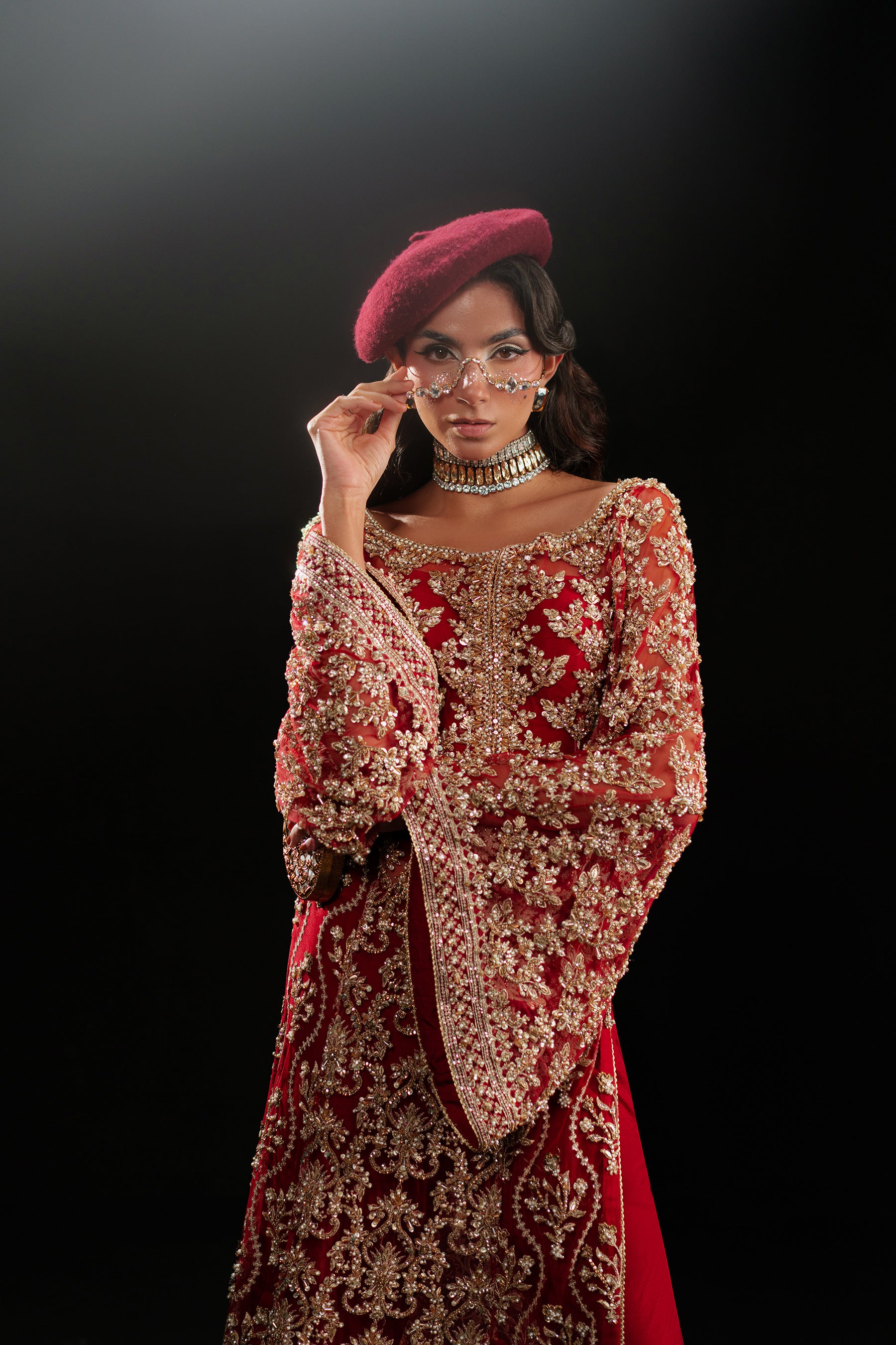 Red Embroidered Net & Raw Silk Sharara (3-Piece) - Image 3