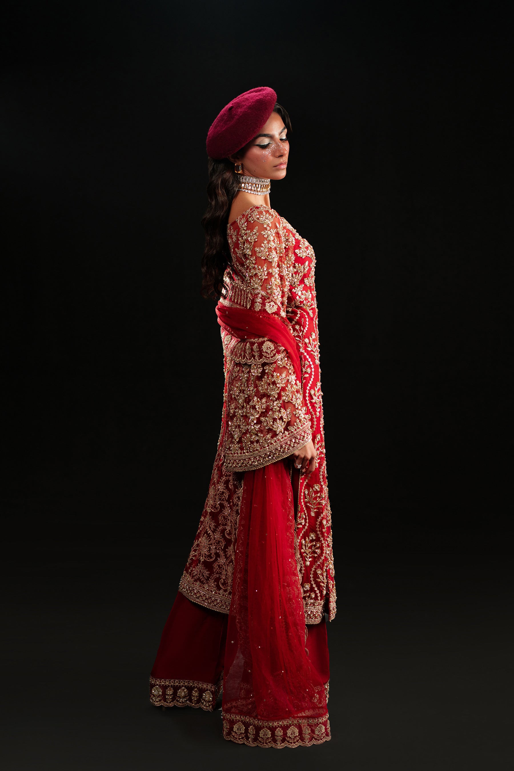 Red Embroidered Net & Raw Silk Sharara (3-Piece) - Image 5