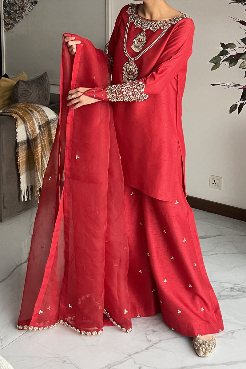 Pakistani Red Embellished Raw Silk Sharara (3-Piece) - Image 1