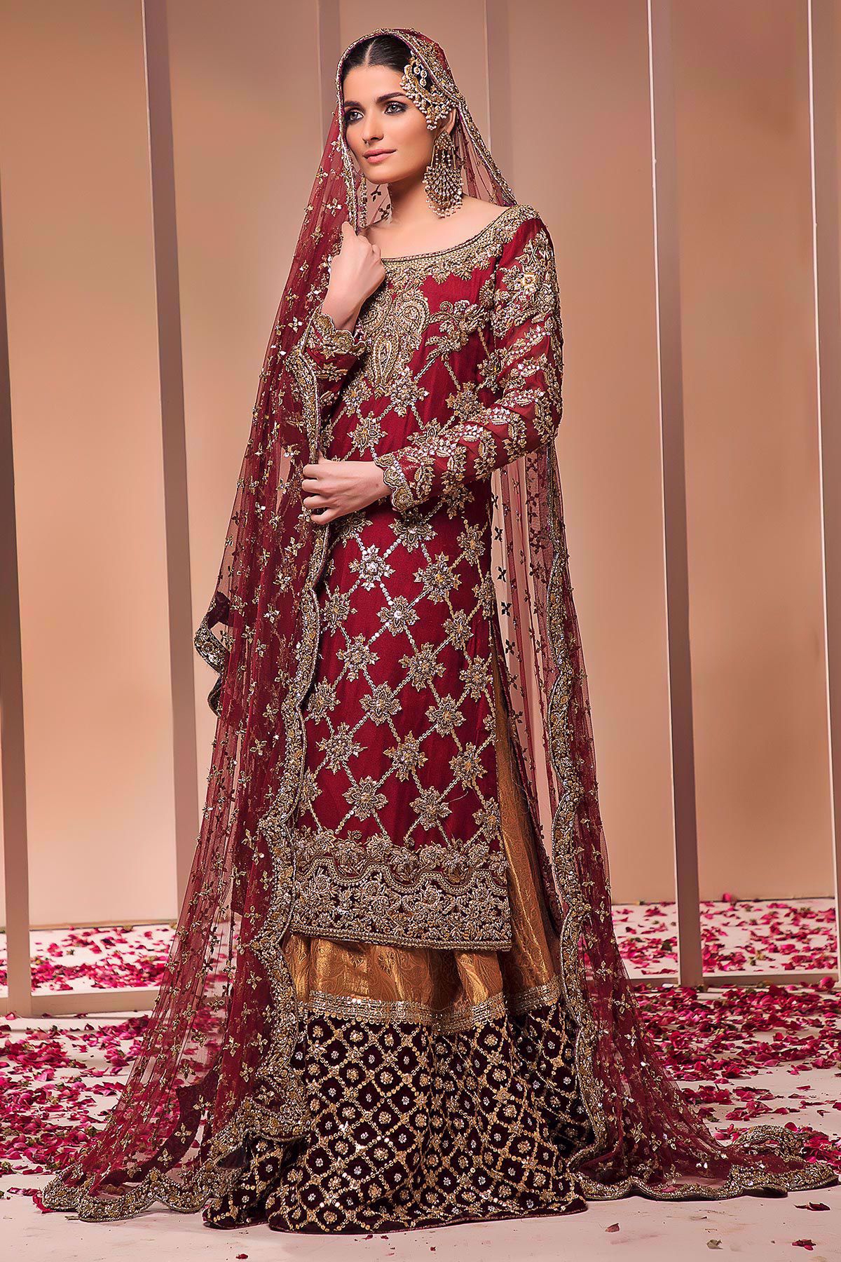Pakistani Red Zardozi Net A-Line Bridal Sharara (3-Piece) - Image 1