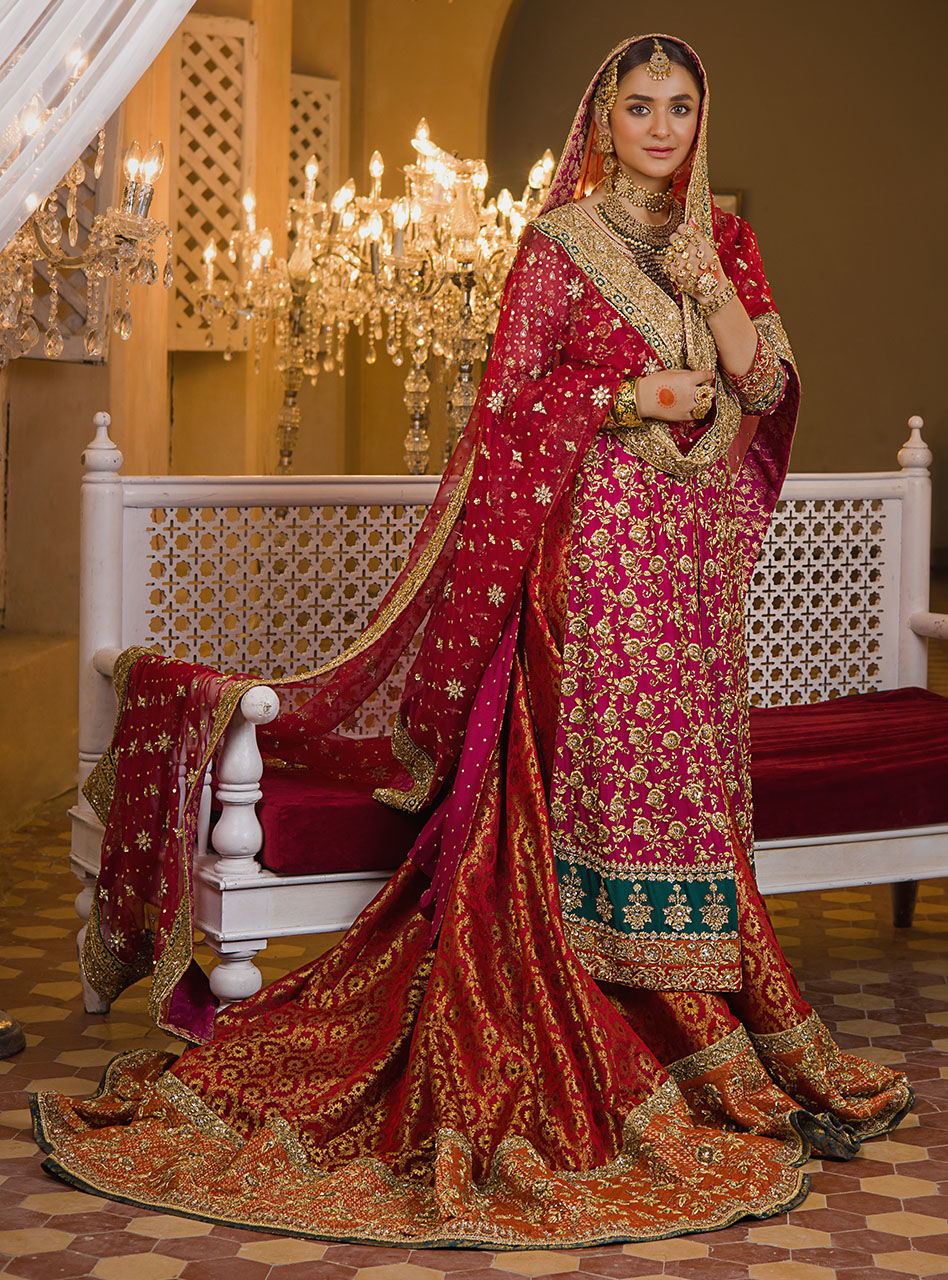 Pakistani Deep Red Zardozi Raw Silk Bridal Sharara (3-Piece) - Image 1