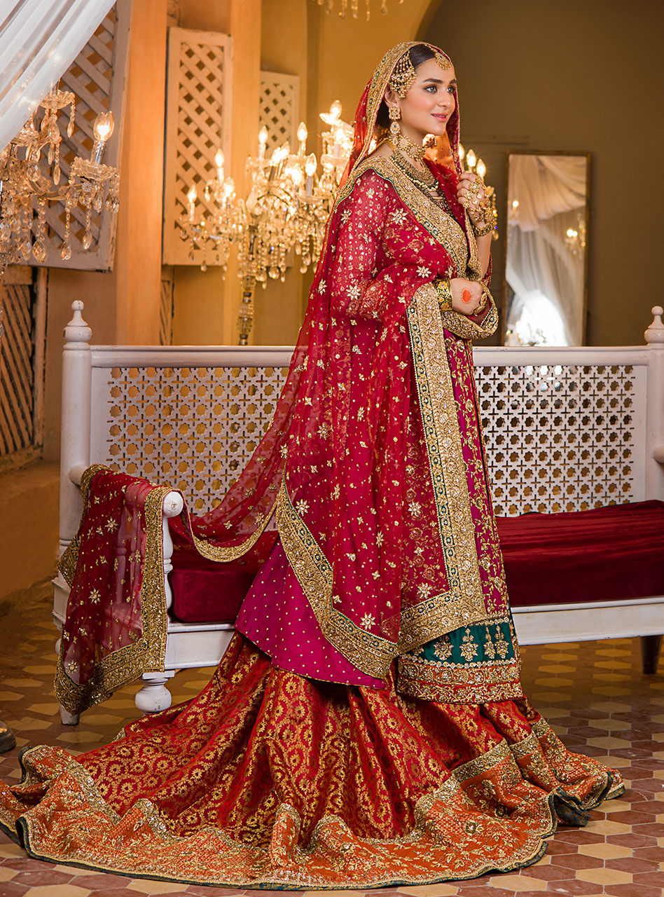 Pakistani Deep Red Zardozi Raw Silk Bridal Sharara (3-Piece) - Image 4