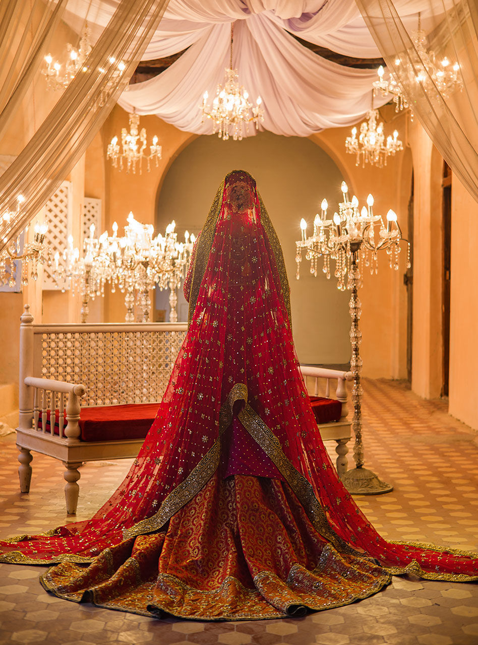 Pakistani Deep Red Zardozi Raw Silk Bridal Sharara (3-Piece) - Image 6