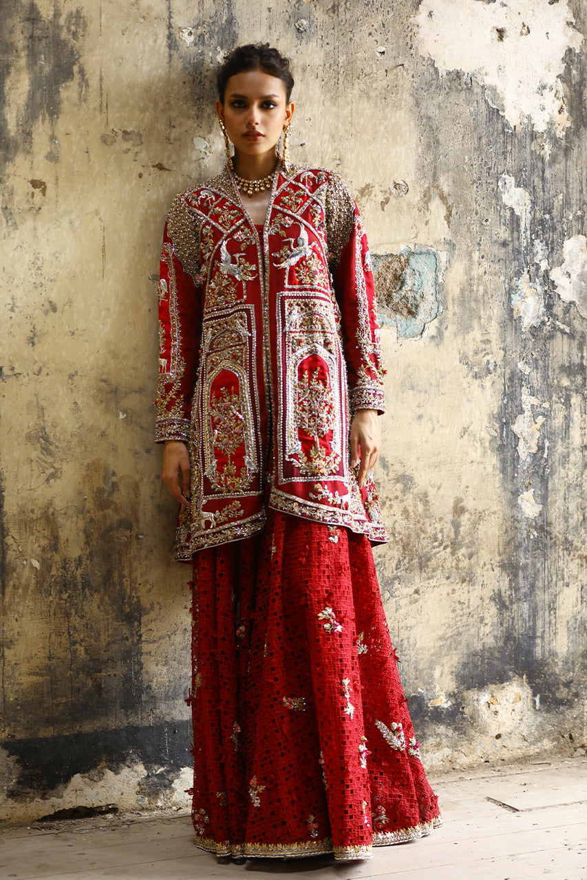 Pakistani Deep Red Zardozi Raw Silk Sharara (2-Piece) - Image 1