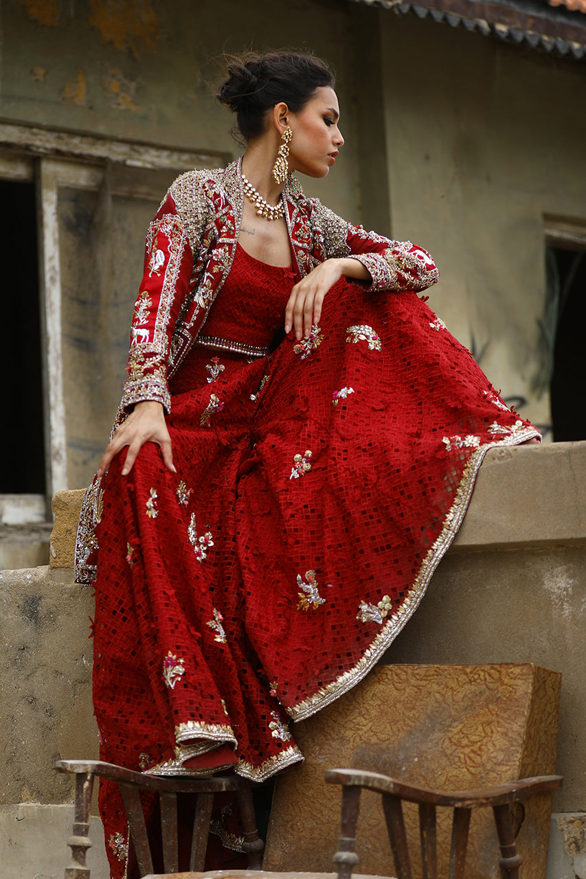 Pakistani Deep Red Zardozi Raw Silk Sharara (2-Piece) - Image 2