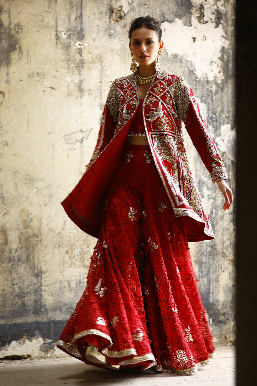 Pakistani Deep Red Zardozi Raw Silk Sharara (2-Piece) - Image 3