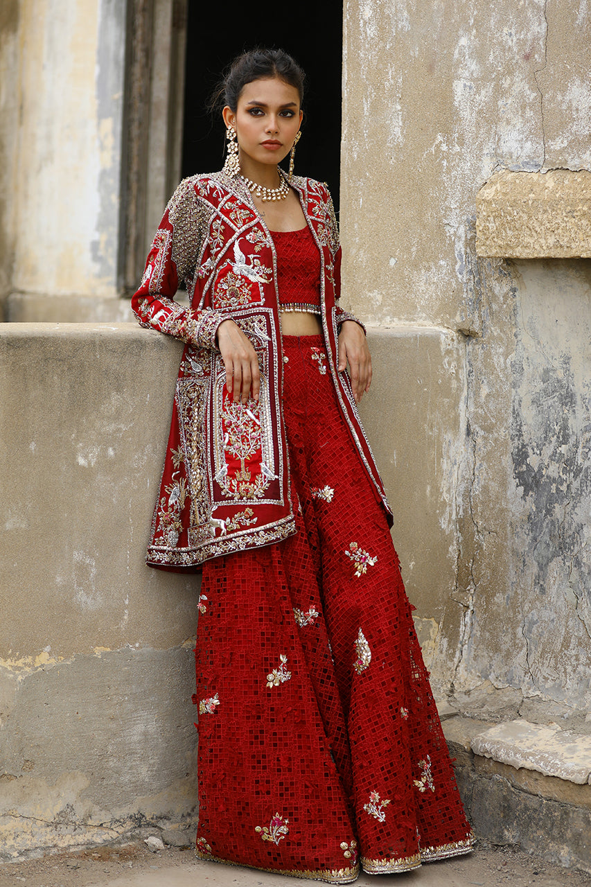 Pakistani Deep Red Zardozi Raw Silk Sharara (2-Piece) - Image 4