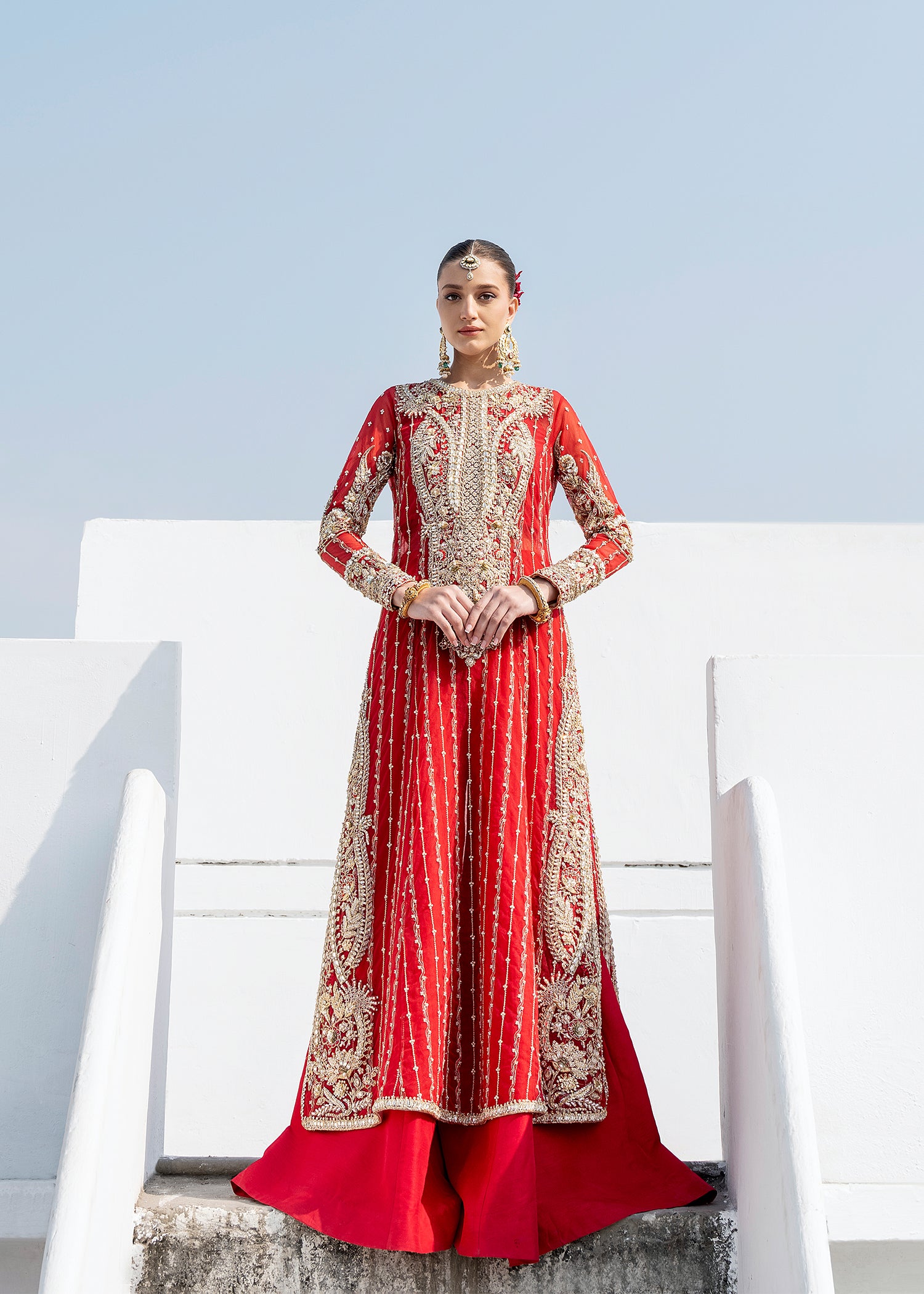 Red Zardozi Net & Silk Bridal Sharara (3-Piece) - Image 2