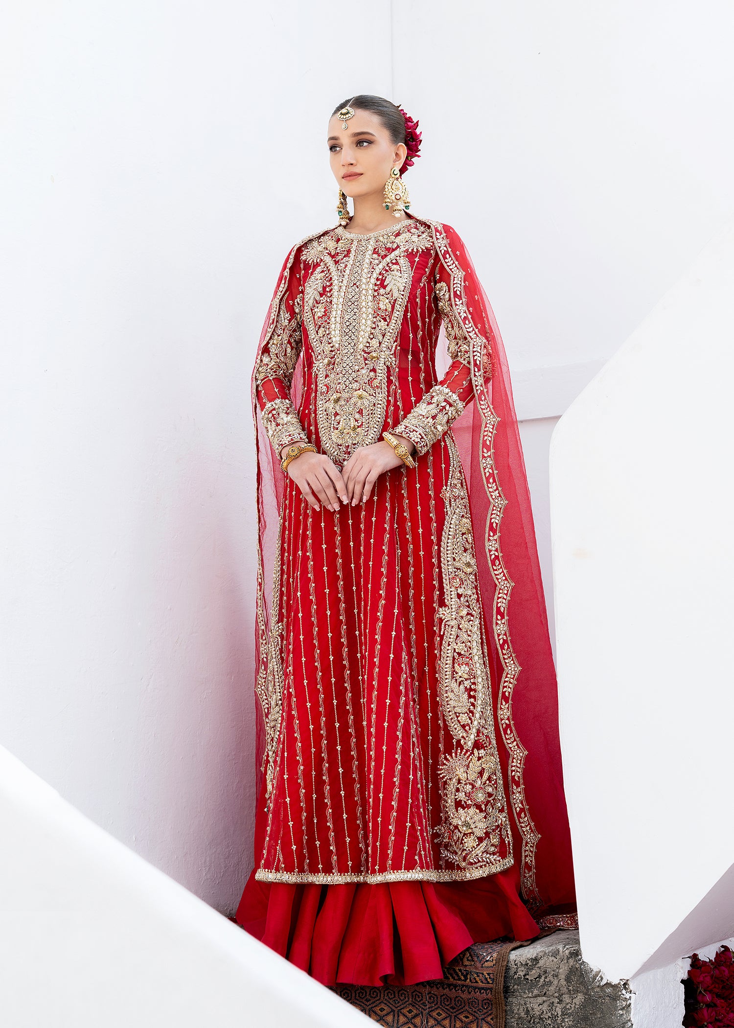 Red Zardozi Net & Silk Bridal Sharara (3-Piece) - Image 5