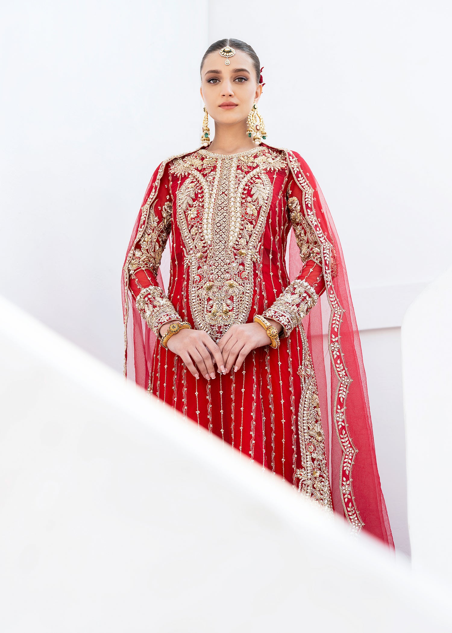 Red Zardozi Net & Silk Bridal Sharara (3-Piece) - Image 6