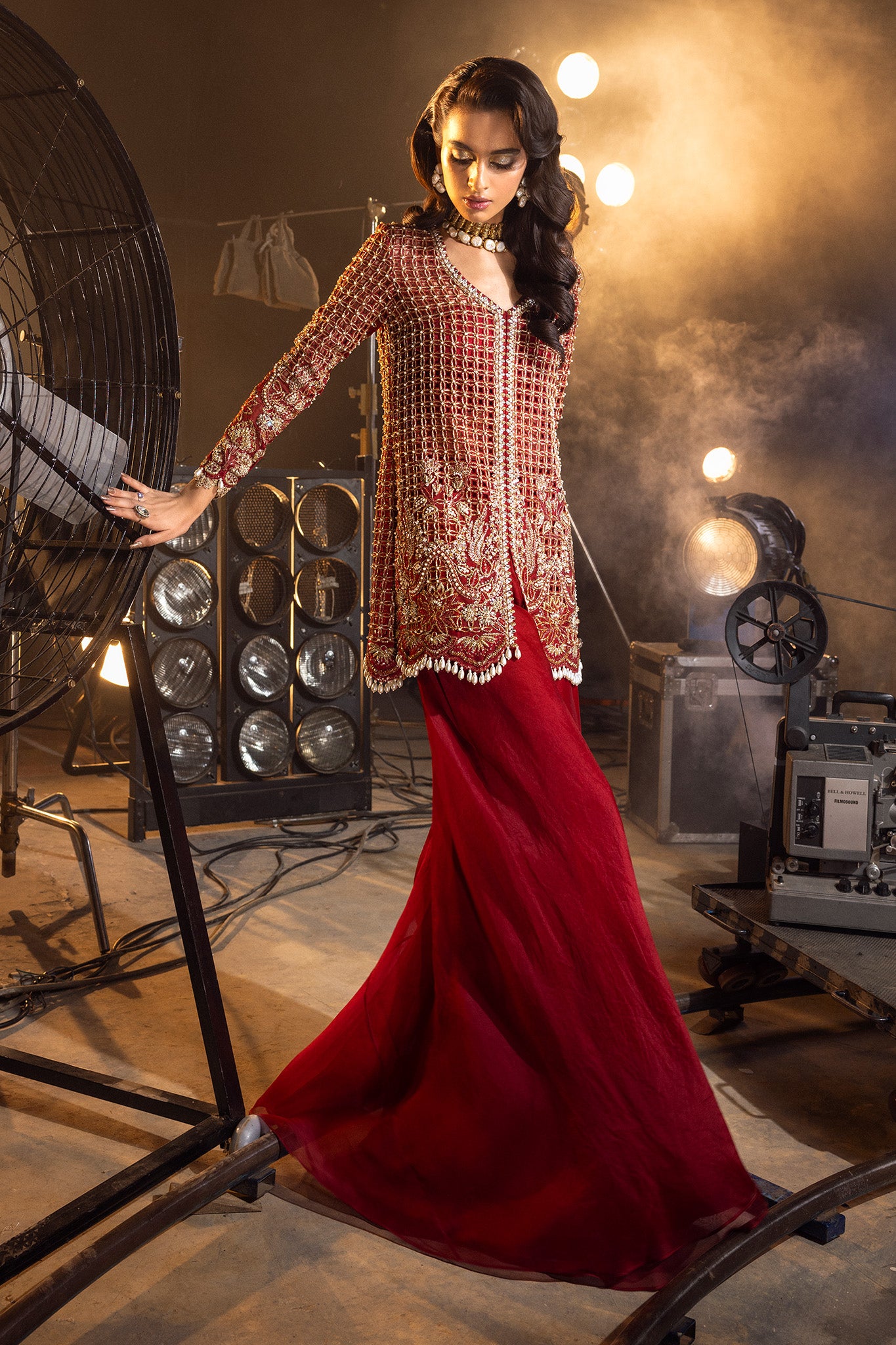 Pakistani Deep Ruby Red Embellished Silk-Blend Sharara (3-Piece) - Image 1