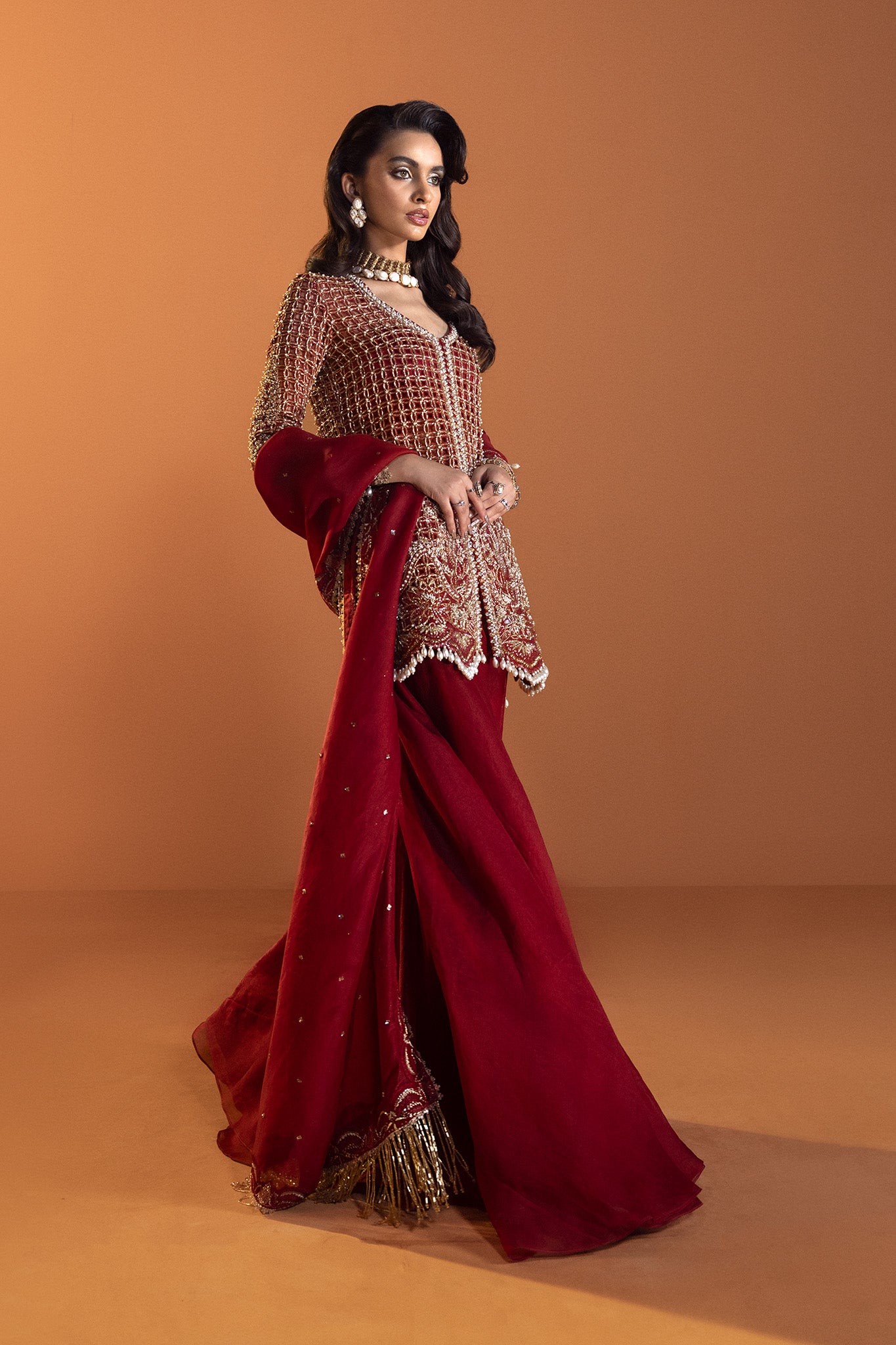 Pakistani Deep Ruby Red Embellished Silk-Blend Sharara (3-Piece) - Image 10