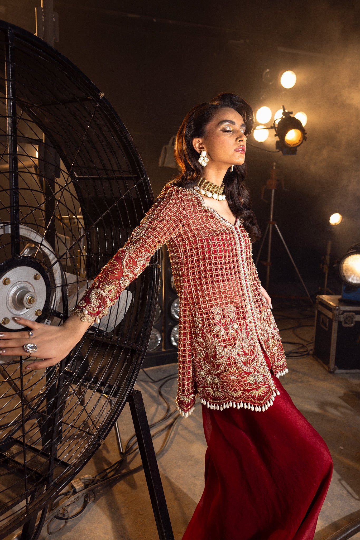 Pakistani Deep Ruby Red Embellished Silk-Blend Sharara (3-Piece) - Image 3