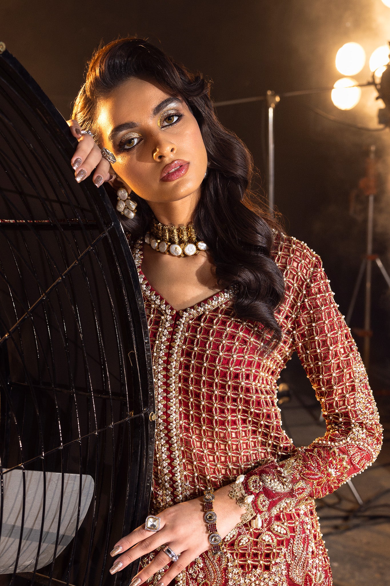 Pakistani Deep Ruby Red Embellished Silk-Blend Sharara (3-Piece) - Image 5