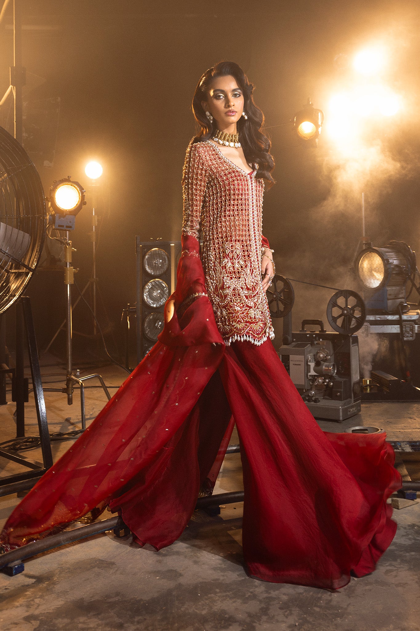 Pakistani Deep Ruby Red Embellished Silk-Blend Sharara (3-Piece) - Image 6