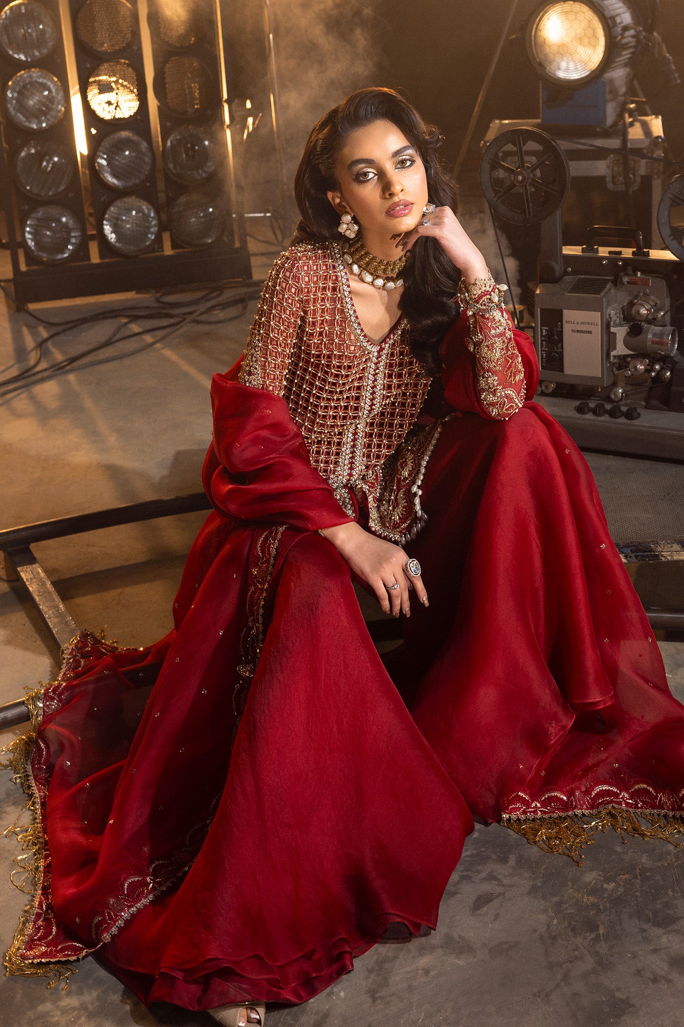 Pakistani Deep Ruby Red Embellished Silk-Blend Sharara (3-Piece) - Image 7