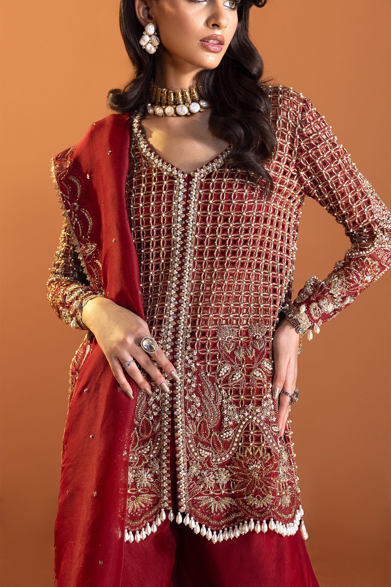 Pakistani Deep Ruby Red Embellished Silk-Blend Sharara (3-Piece) - Image 8
