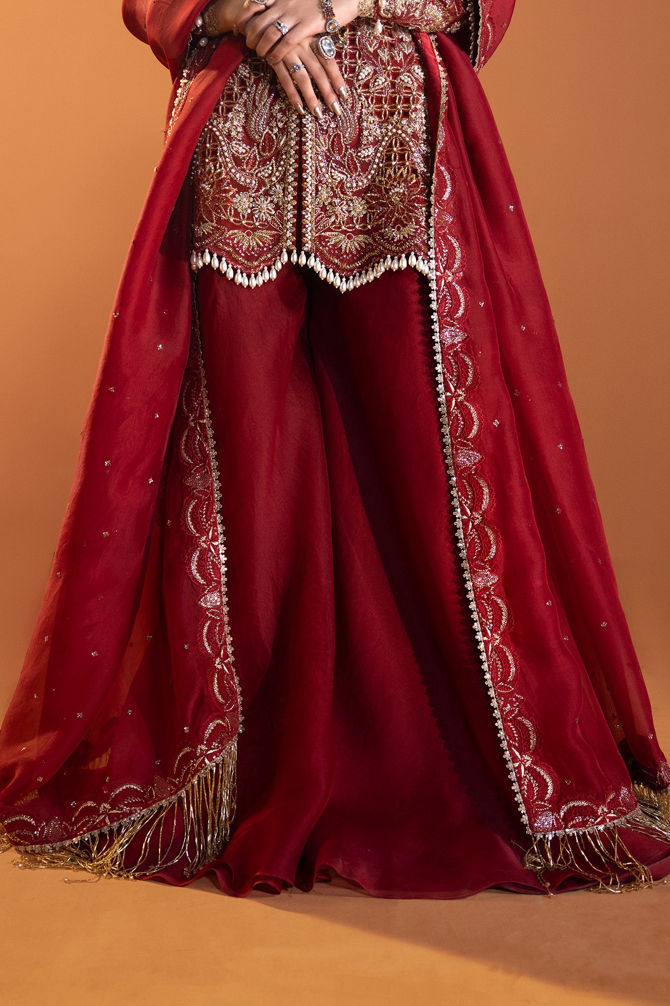 Pakistani Deep Ruby Red Embellished Silk-Blend Sharara (3-Piece) - Image 9