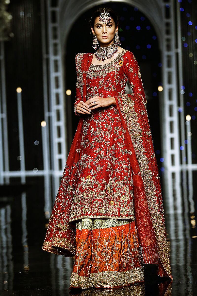 Pakistani Deep Red Zardozi Silk Bridal Sharara (3-Piece) - Image 2