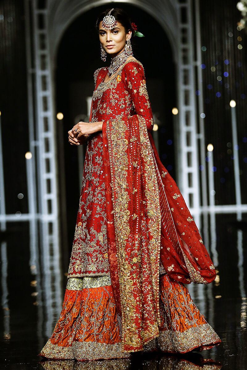 Pakistani Deep Red Zardozi Silk Bridal Sharara (3-Piece) - Image 4