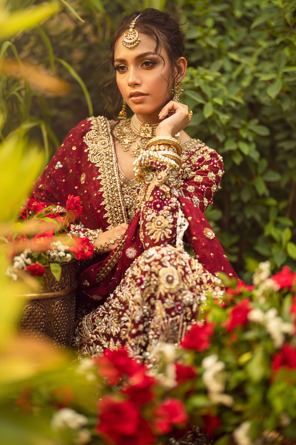 Pakistani Deep Crimson Zardozi Silk Net Sharara (3-Piece) - Image 2