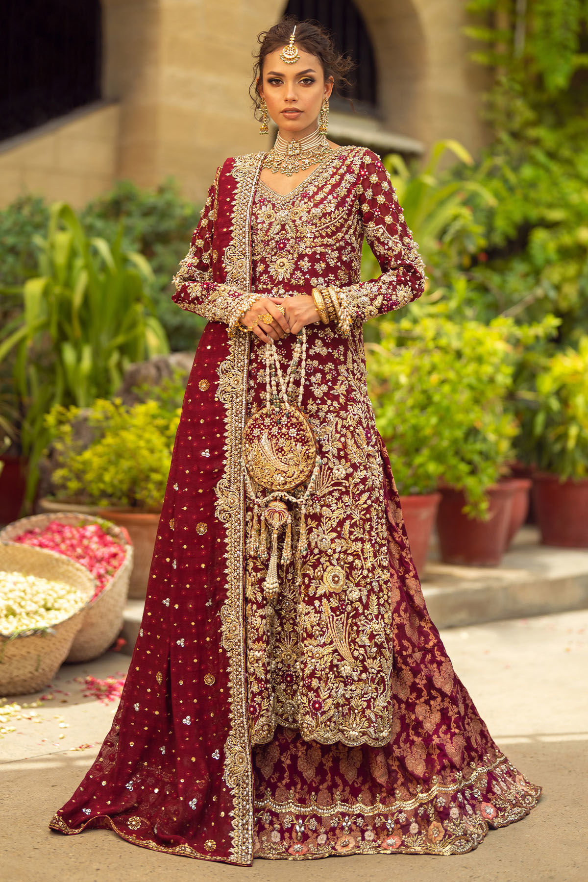 Pakistani Deep Crimson Zardozi Silk Net Sharara (3-Piece) - Image 3