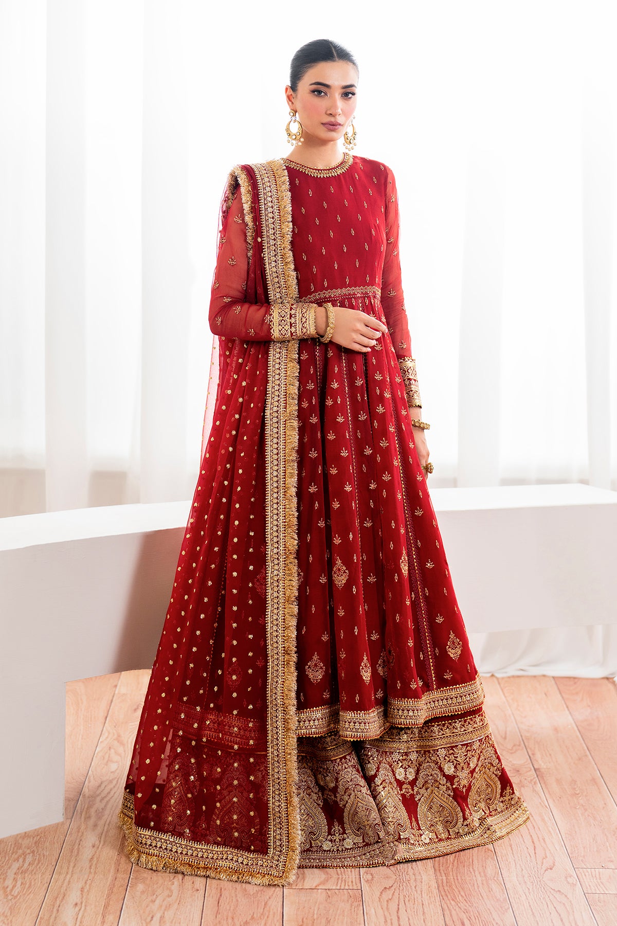 Pakistani Deep Red Embroidered Chiffon Kalidar Sharara (3-Piece) - Image 1