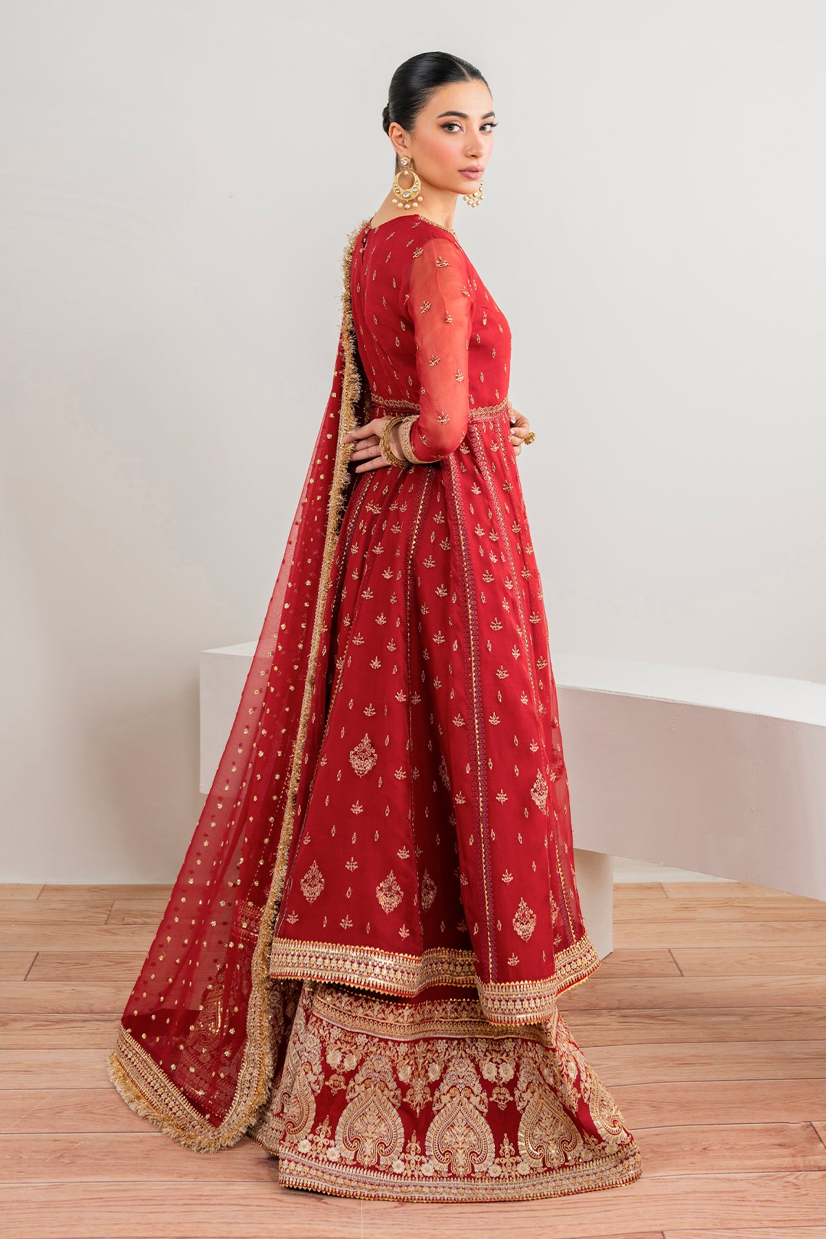Pakistani Deep Red Embroidered Chiffon Kalidar Sharara (3-Piece) - Image 2
