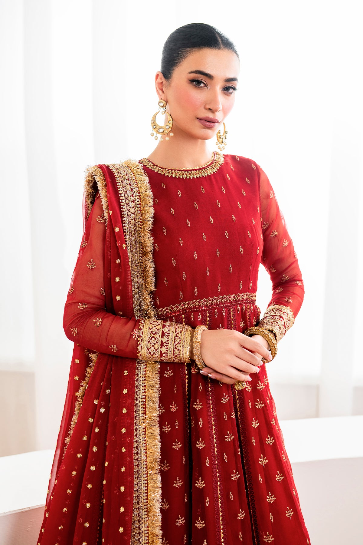 Pakistani Deep Red Embroidered Chiffon Kalidar Sharara (3-Piece) - Image 3