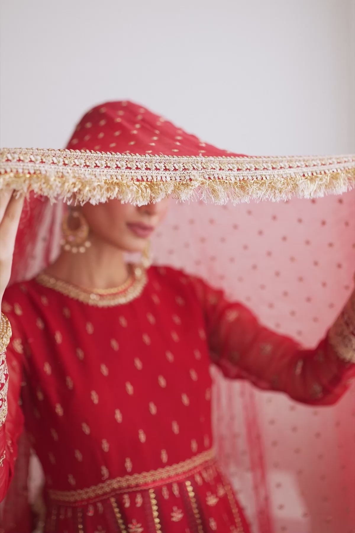 Pakistani Deep Red Embroidered Chiffon Kalidar Sharara (3-Piece) - Image 4